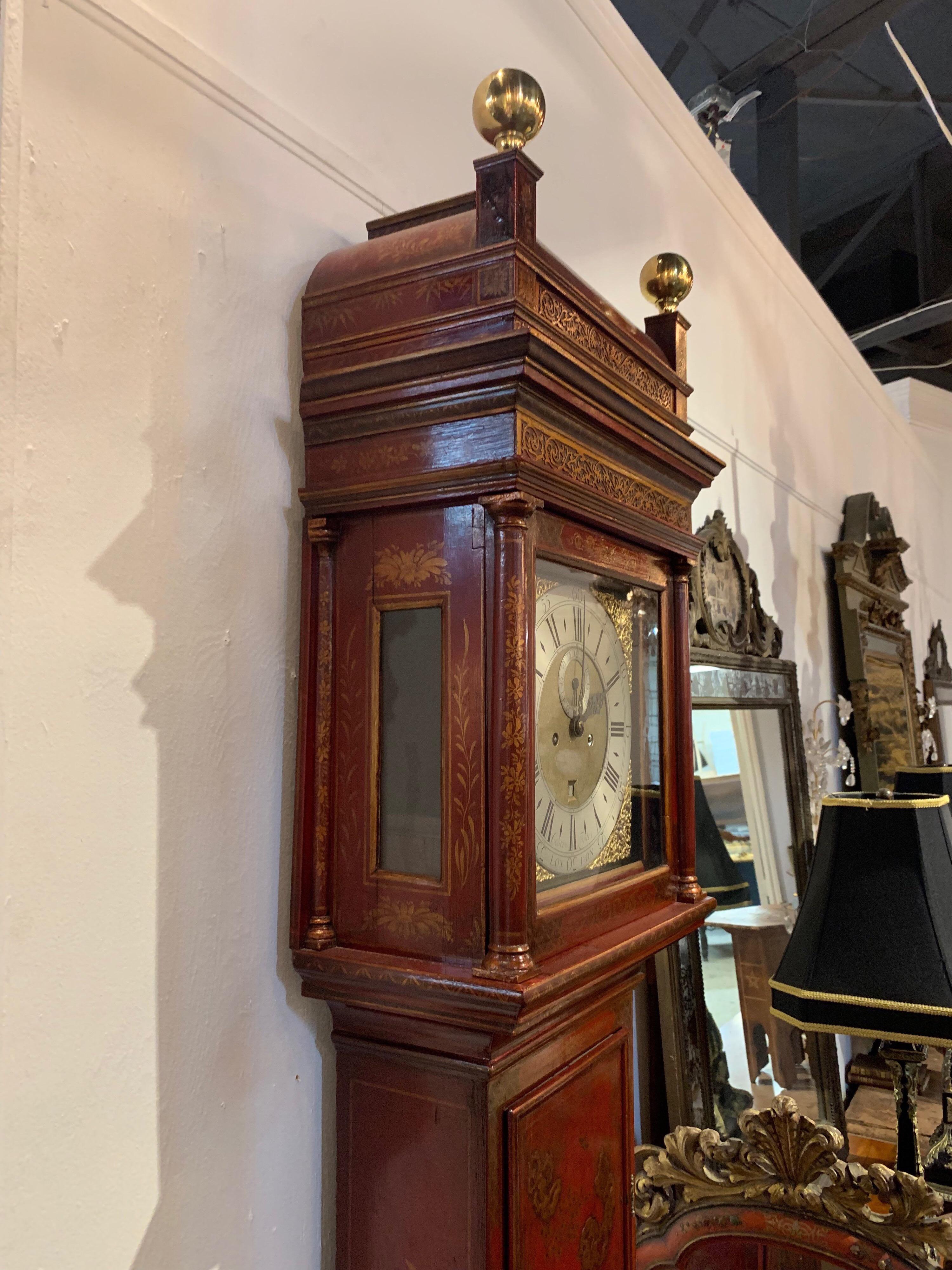 19th Century English Red Lacquered Chinoiserie Tall Case Clock In Good Condition For Sale In Dallas, TX