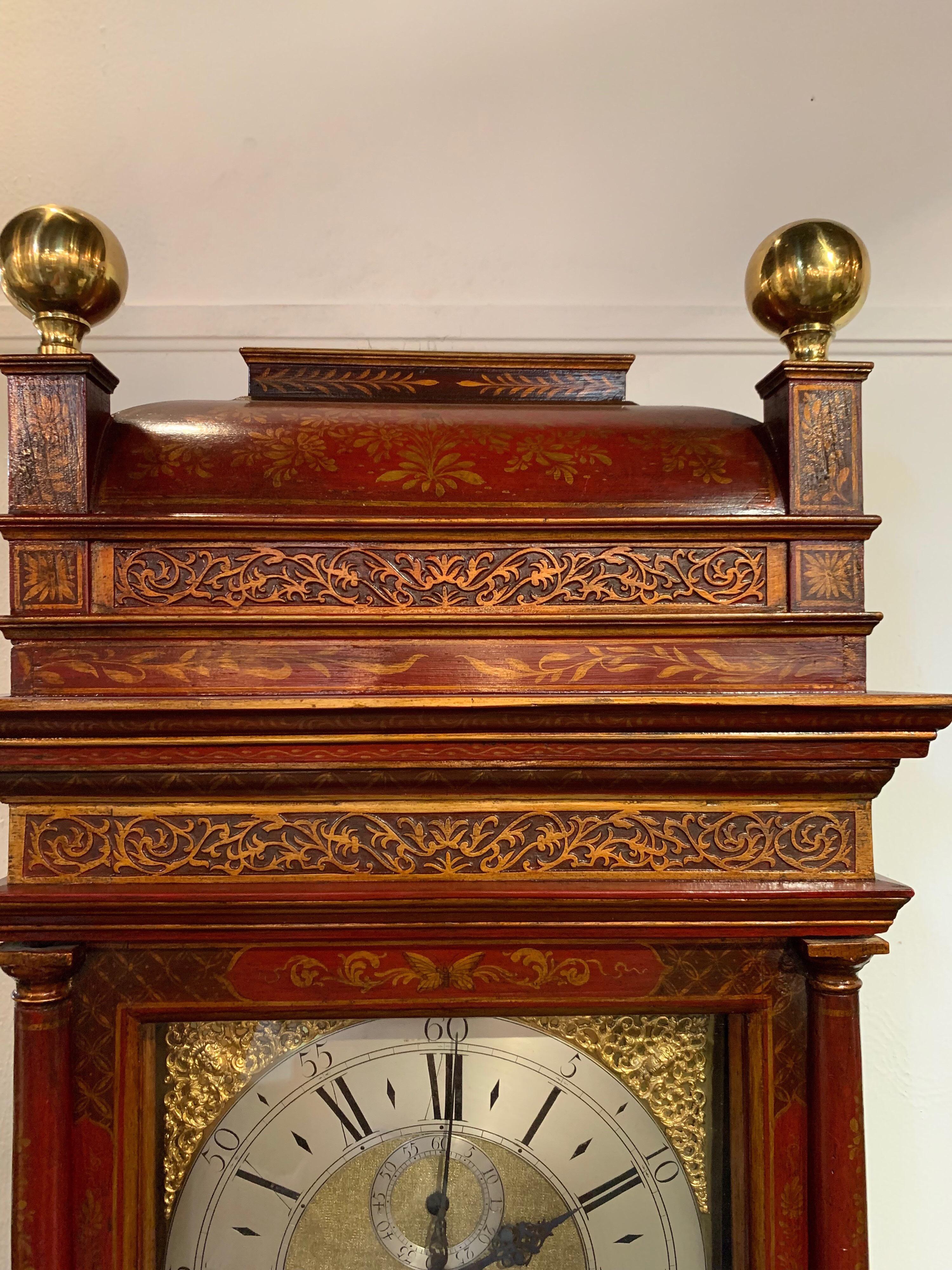 Wood 19th Century English Red Lacquered Chinoiserie Tall Case Clock For Sale