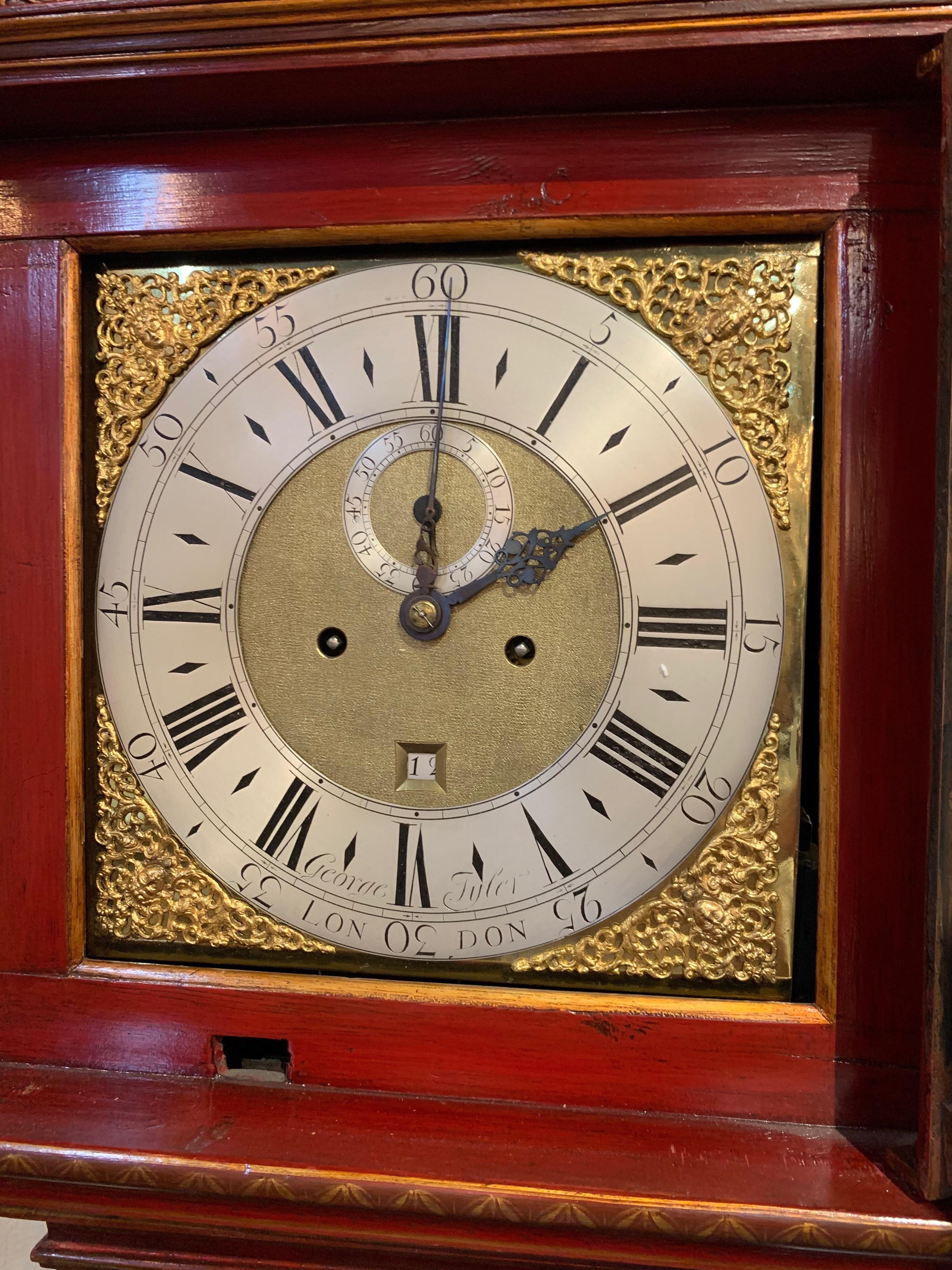 19th Century English Red Lacquered Chinoiserie Tall Case Clock For Sale 1
