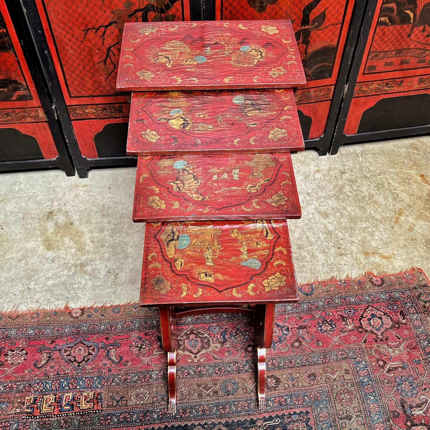 19th Century English Red Lacquered Japanned Nesting Tables For Sale 4