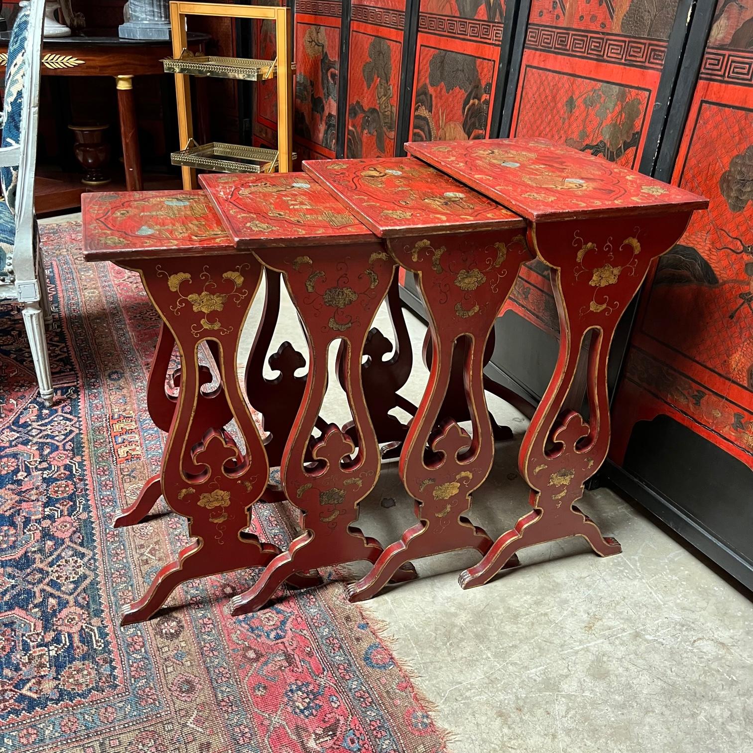 19th Century English Red Lacquered Japanned Nesting Tables For Sale 5
