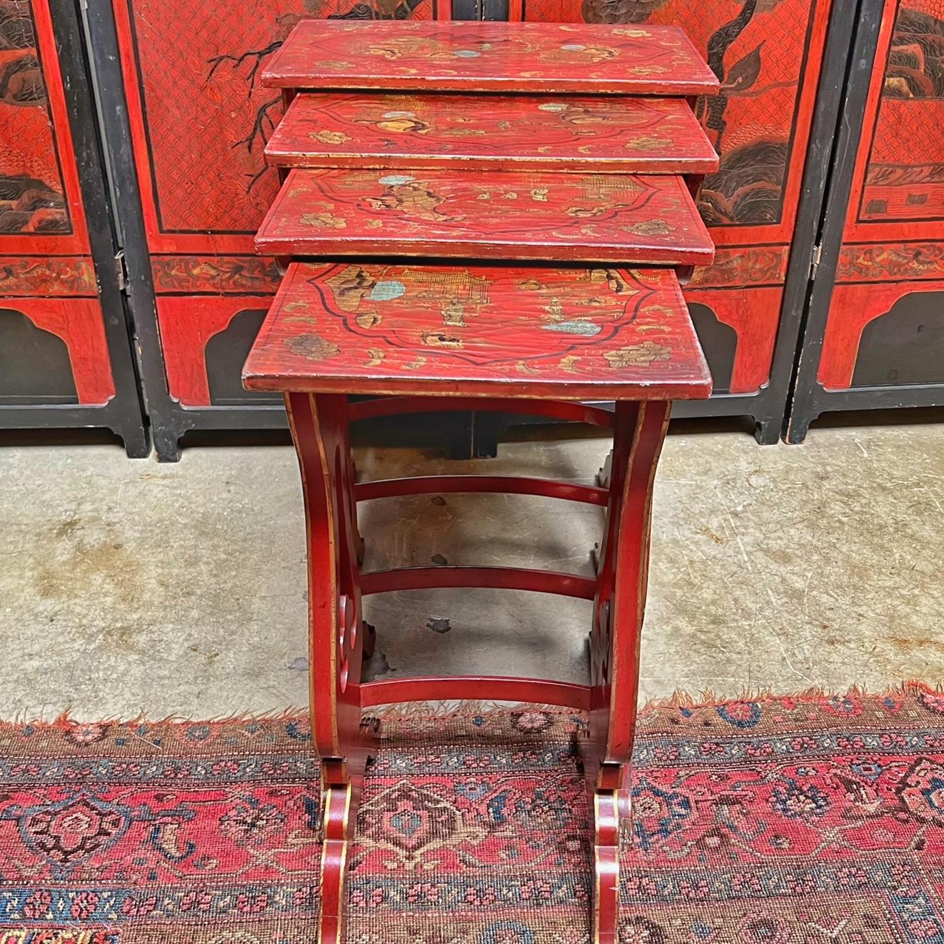 19th Century English Red Lacquered Japanned Nesting Tables For Sale 7