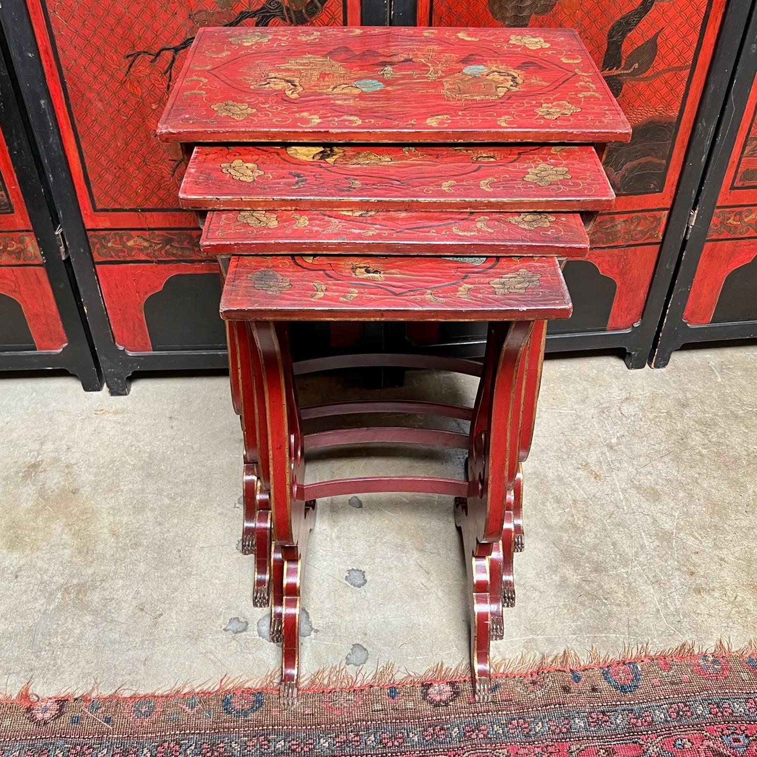 19th Century English Red Lacquered Japanned Nesting Tables For Sale 9