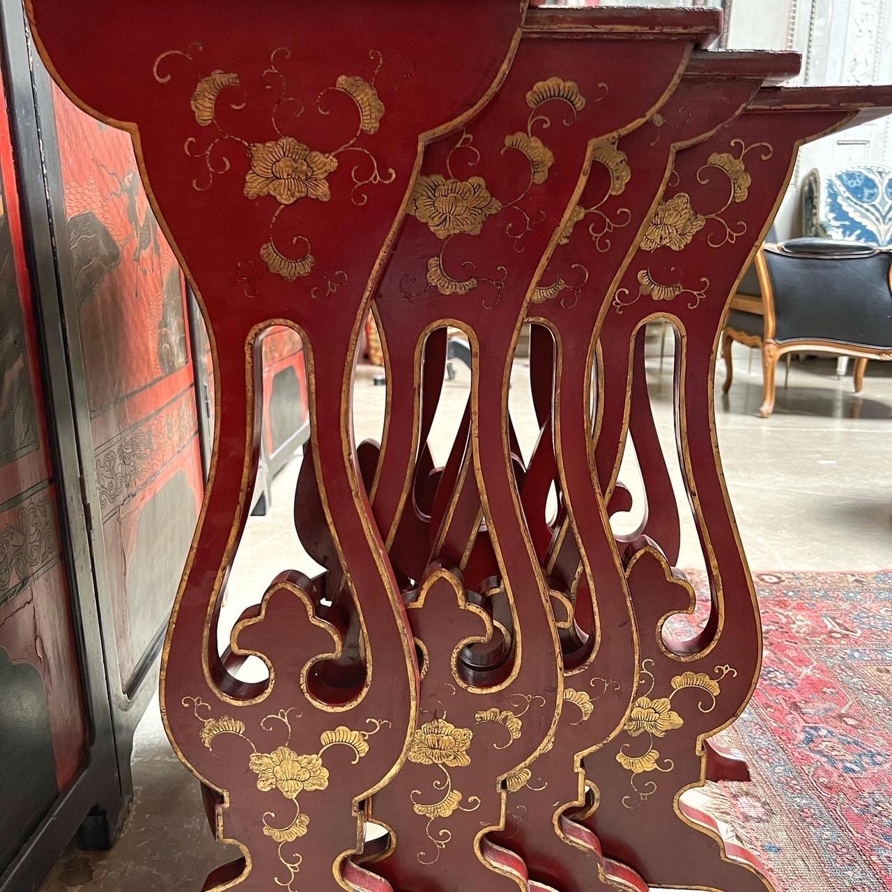 Carved 19th Century English Red Lacquered Japanned Nesting Tables For Sale