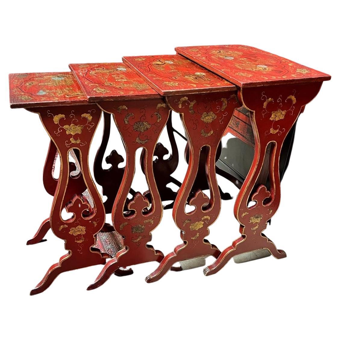19th Century English Red Lacquered Japanned Nesting Tables For Sale