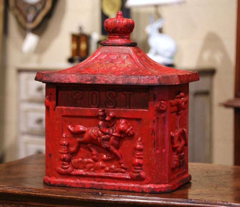 19th Century English Red Painted Cast Iron Mailbox with Relief Decor at