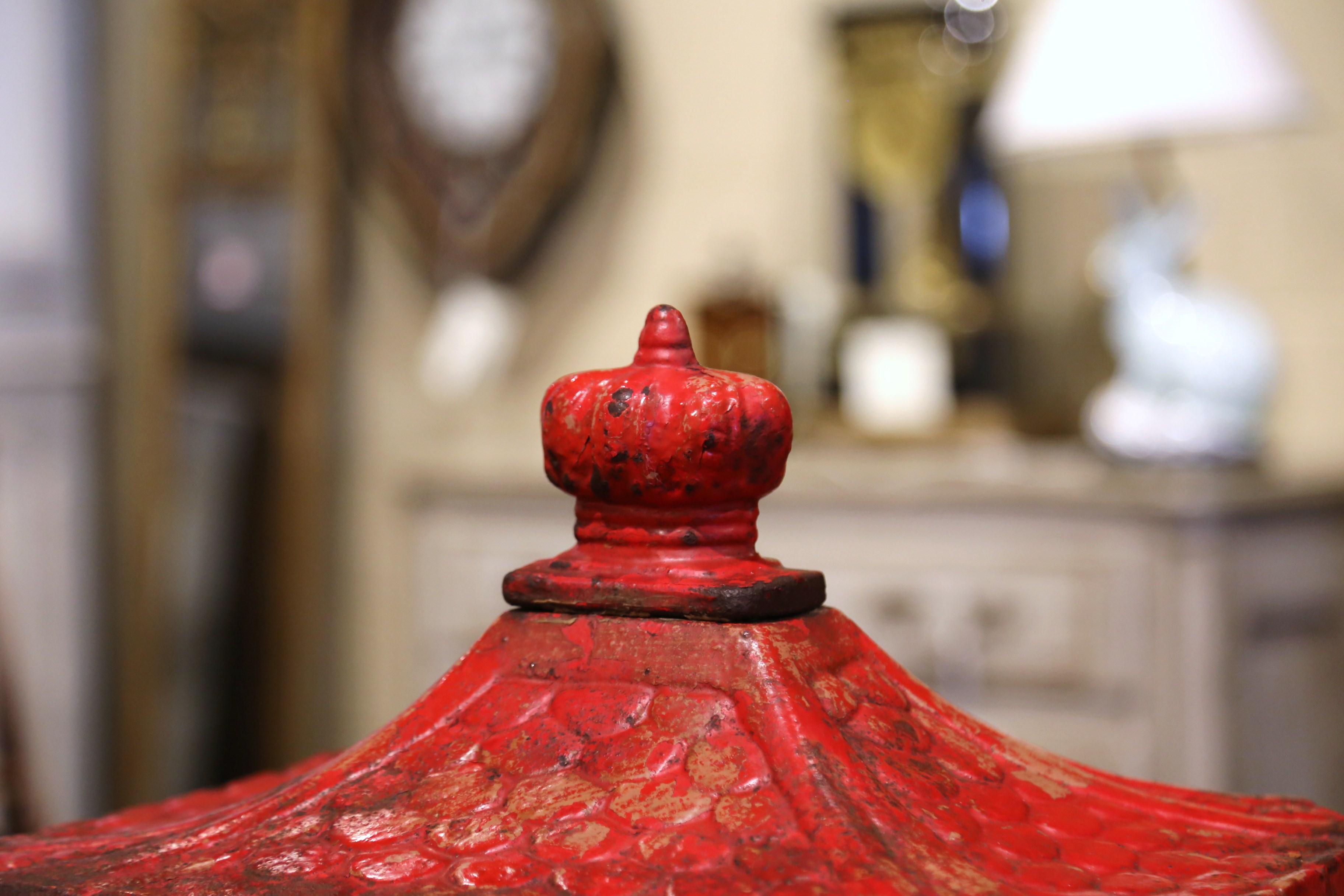 Patinated 19th Century English Red Painted Cast Iron Mailbox with Relief Decor