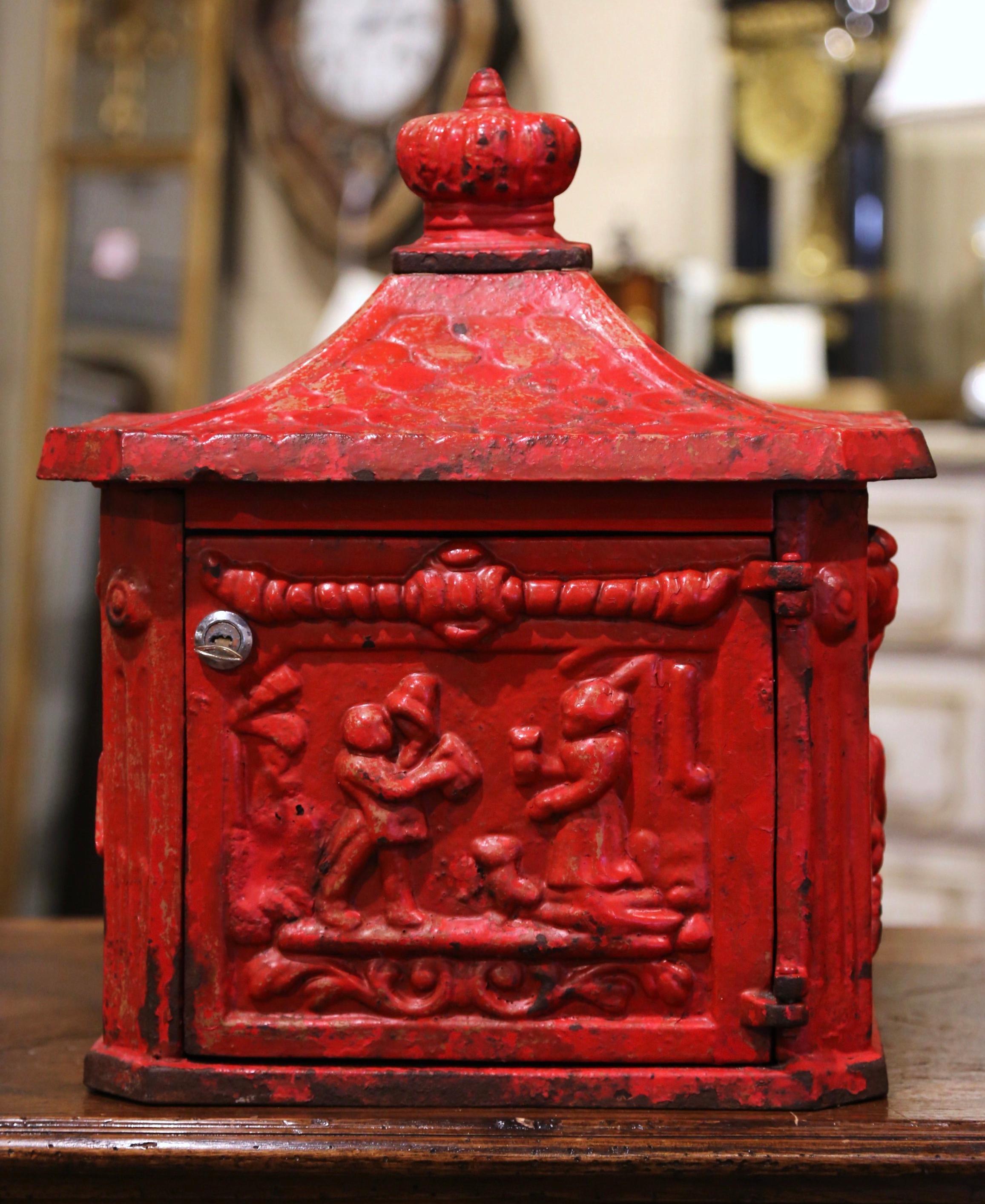 19th Century English Red Painted Cast Iron Mailbox with Relief Decor In Excellent Condition In Dallas, TX