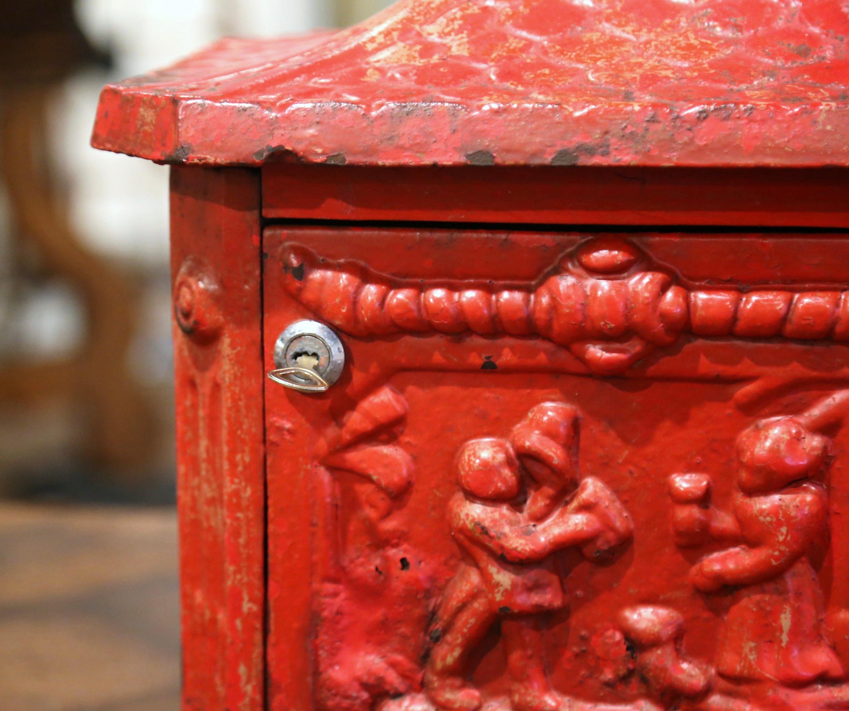 19th Century English Red Painted Cast Iron Mailbox with Relief Decor 1