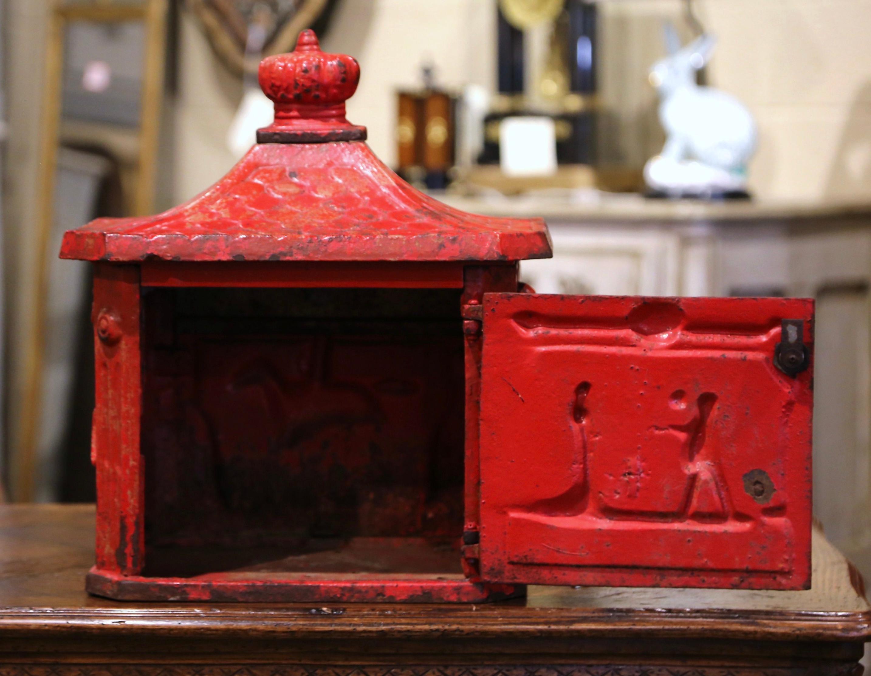 19th Century English Red Painted Cast Iron Mailbox with Relief Decor 2