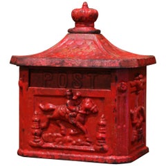 19th Century English Red Painted Cast Iron Mailbox with Relief Decor