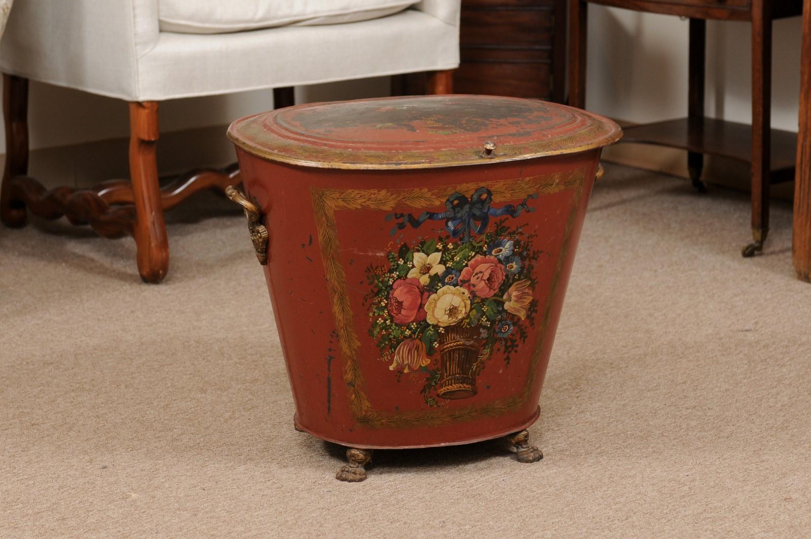 19th Century English Red Painted Tole Coal Hod with Floral Decoration In Good Condition For Sale In Atlanta, GA