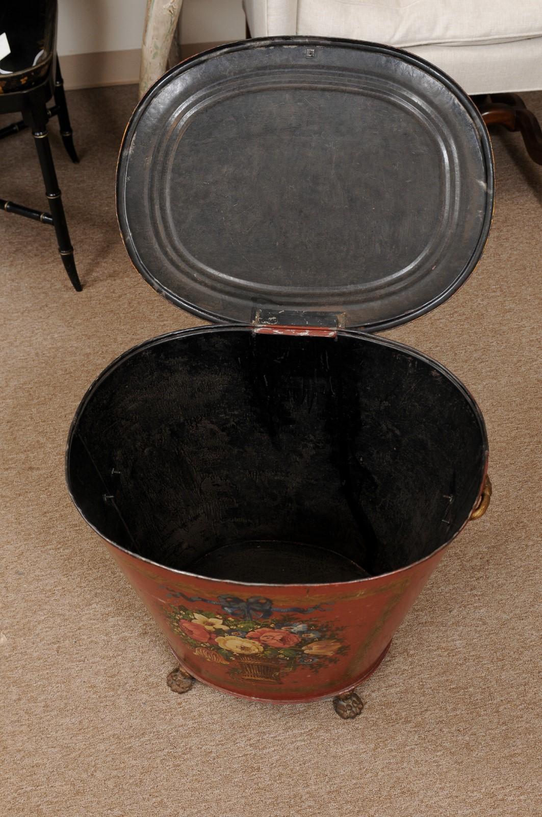 Metal 19th Century English Red Painted Tole Coal Hod with Floral Decoration For Sale
