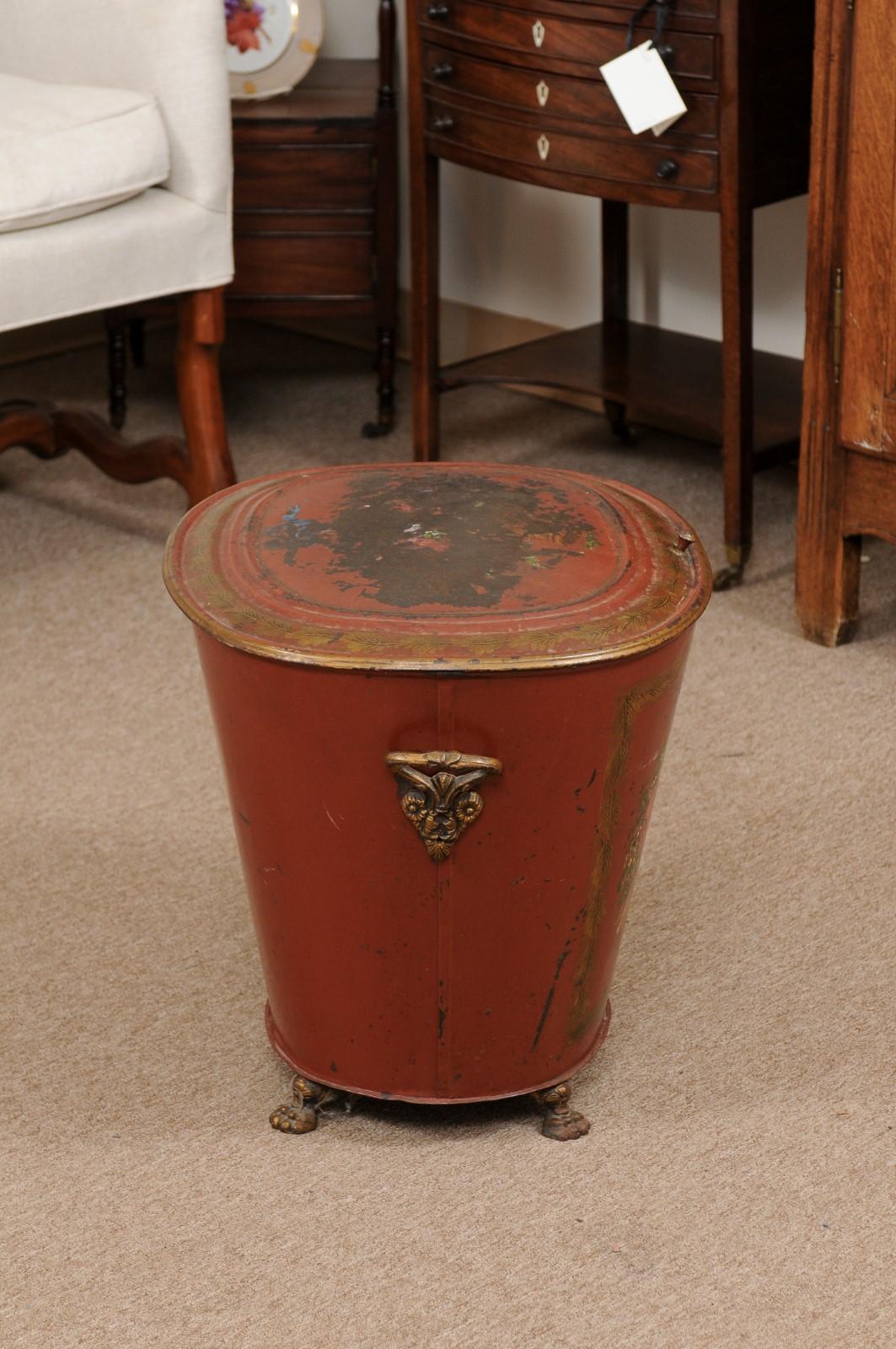 19th Century English Red Painted Tole Coal Hod with Floral Decoration For Sale 1