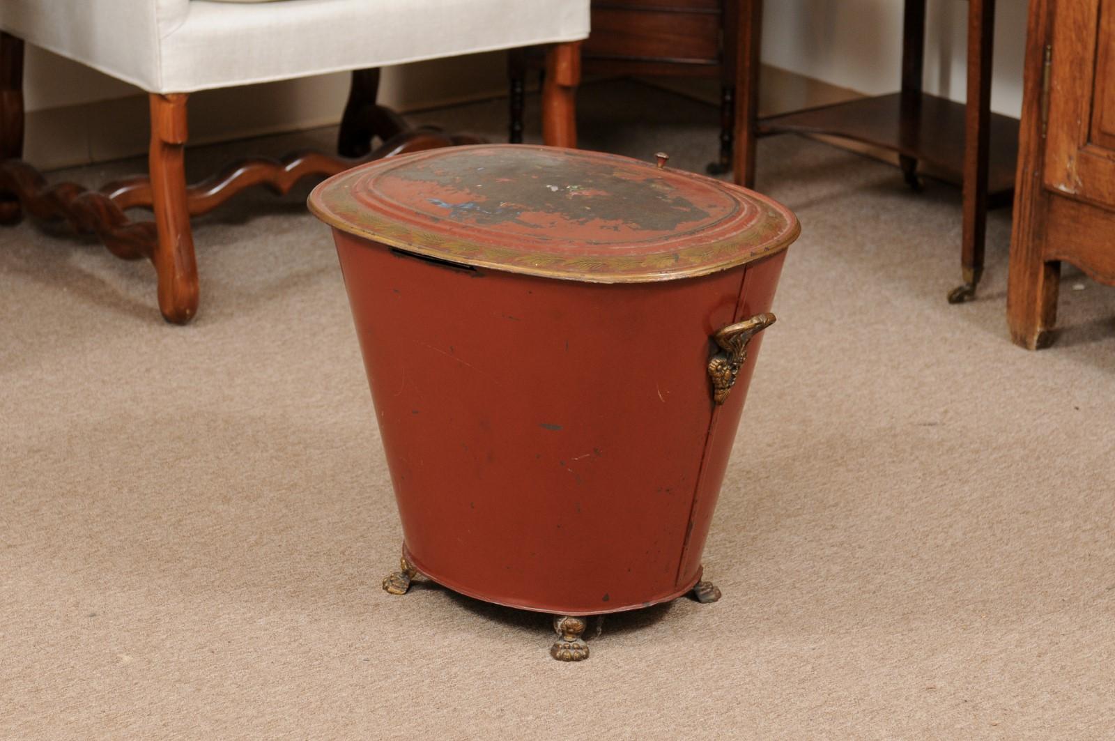 19th Century English Red Painted Tole Coal Hod with Floral Decoration For Sale 2