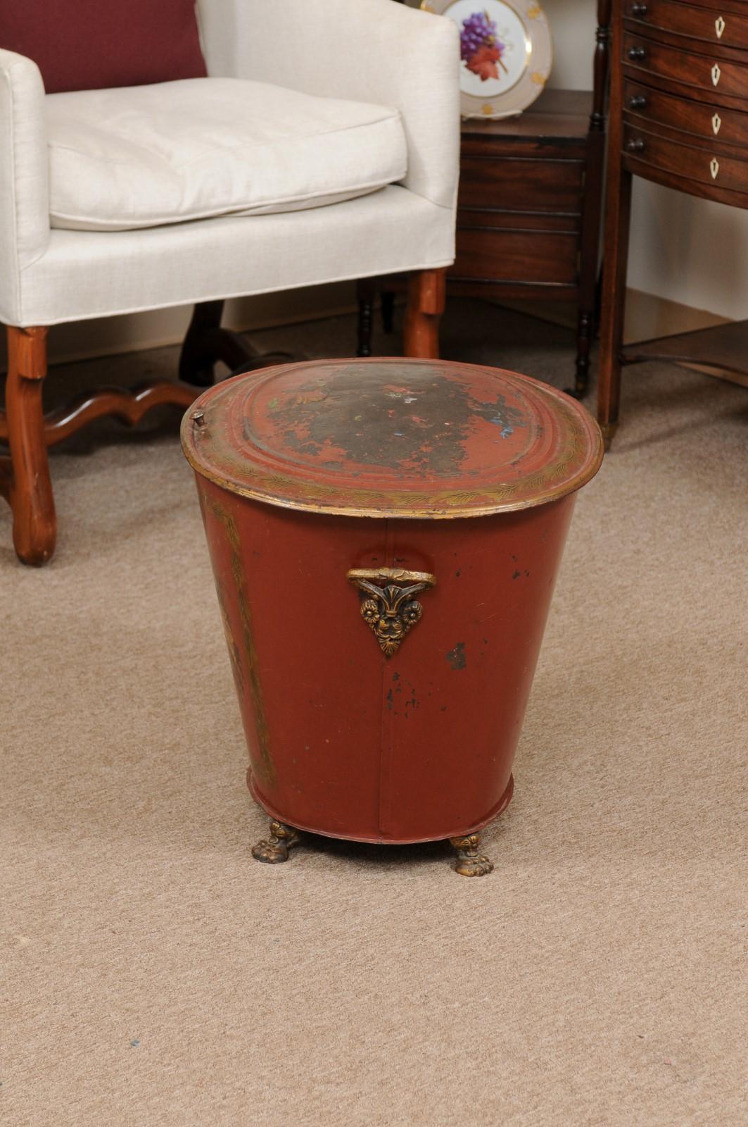 19th Century English Red Painted Tole Coal Hod with Floral Decoration For Sale 4