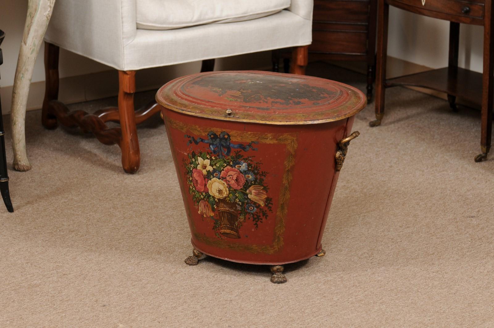19th Century English Red Painted Tole Coal Hod with Floral Decoration For Sale 5
