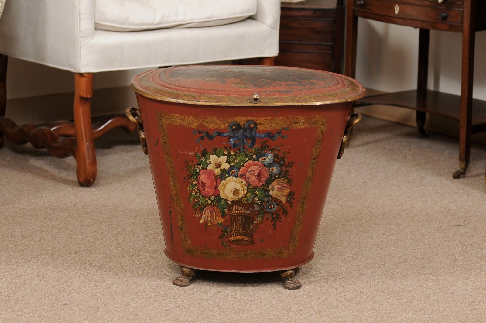 19th Century English Red Painted Tole Coal Hod with Floral Decoration For Sale 6