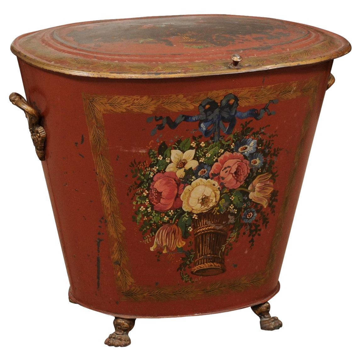 19th Century English Red Painted Tole Coal Hod with Floral Decoration For Sale