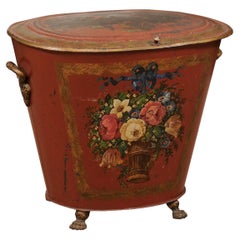 Antique 19th Century English Red Painted Tole Coal Hod with Floral Decoration