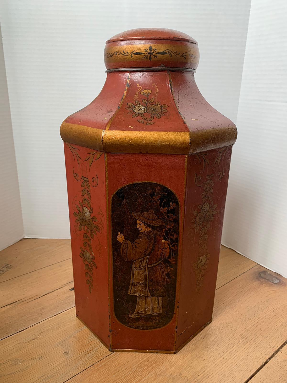 19th century English painted chinoiserie lidded red tole tea tin by Barlett & Son, Welch Back, Bristol, Stamped.