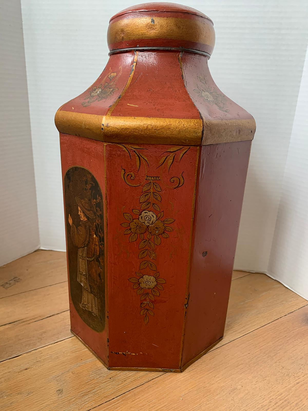 Hand-Painted 19th Century English Red Tole Tea Tin by Barlett & Son, Welch Back, Bristol
