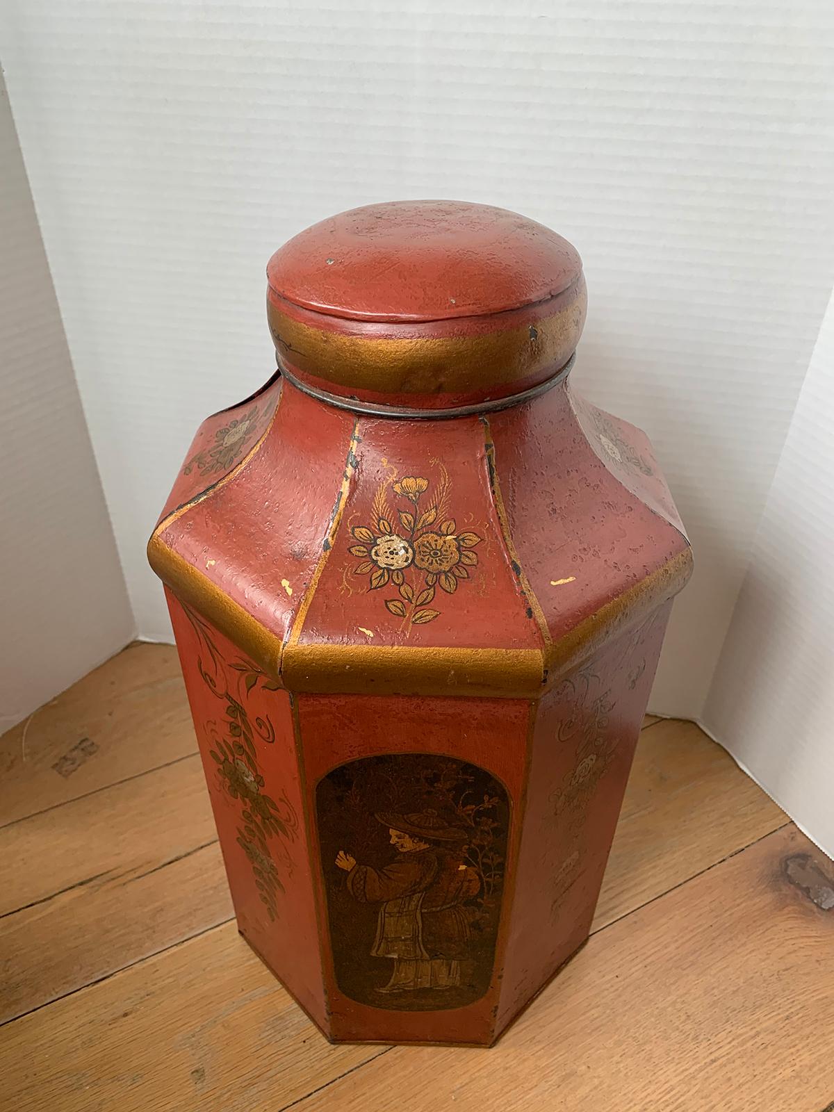 19th Century English Red Tole Tea Tin by Barlett & Son, Welch Back, Bristol In Good Condition In Atlanta, GA