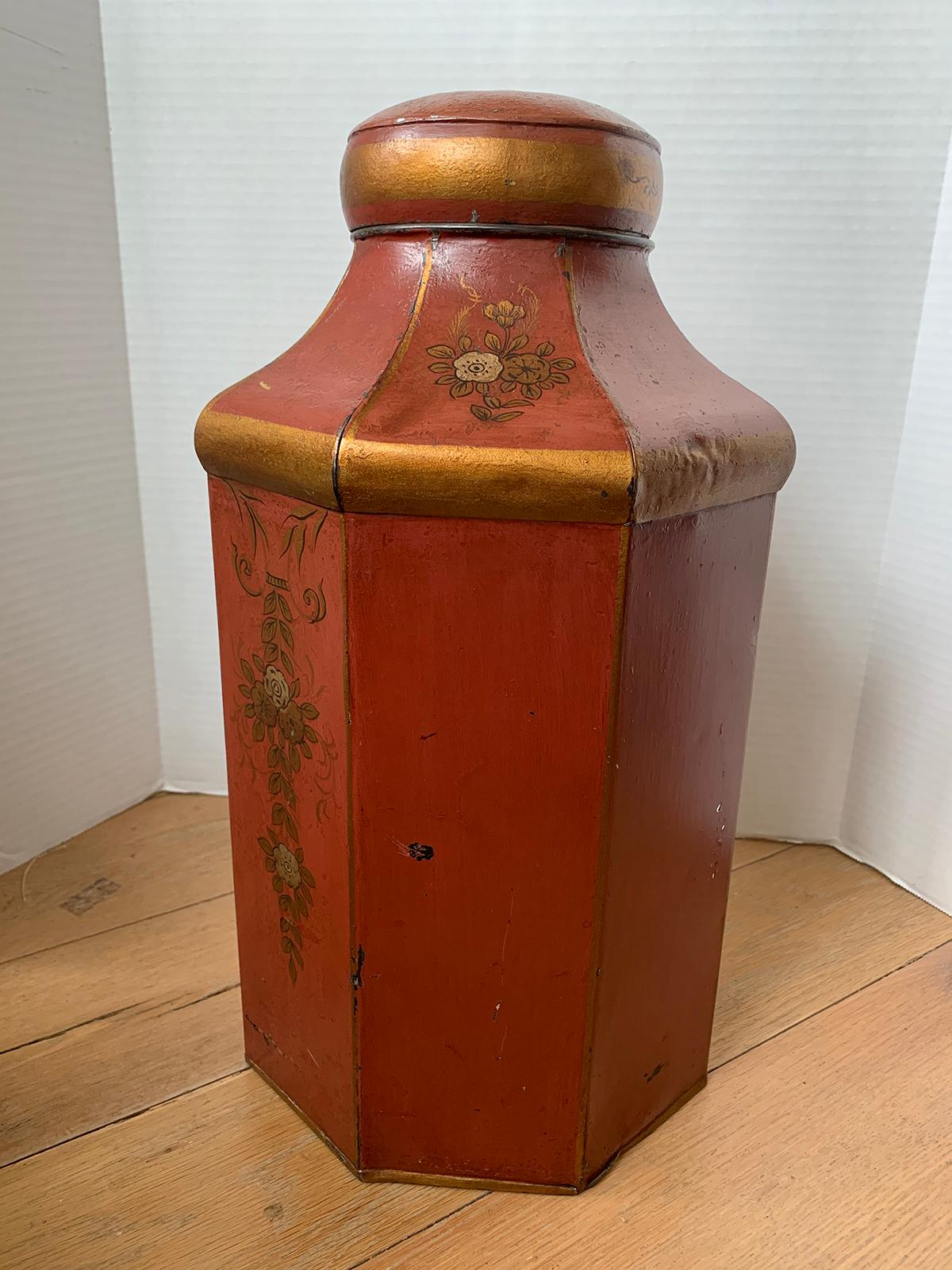 19th Century English Red Tole Tea Tin by Barlett & Son, Welch Back, Bristol 1