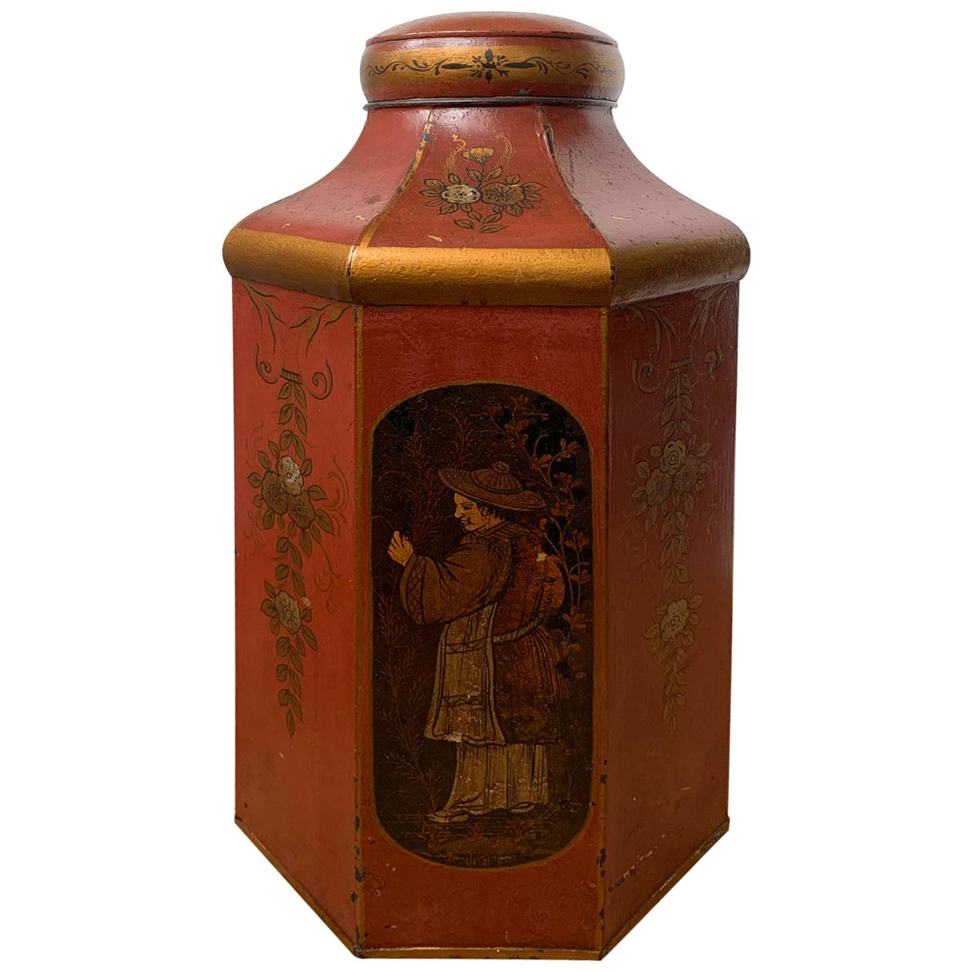 19th Century English Red Tole Tea Tin by Barlett & Son, Welch Back, Bristol