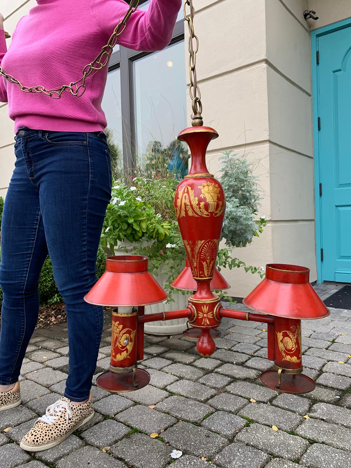 19th century English red tole gilt three-arm chandelier with tole shades
Brand new wiring.