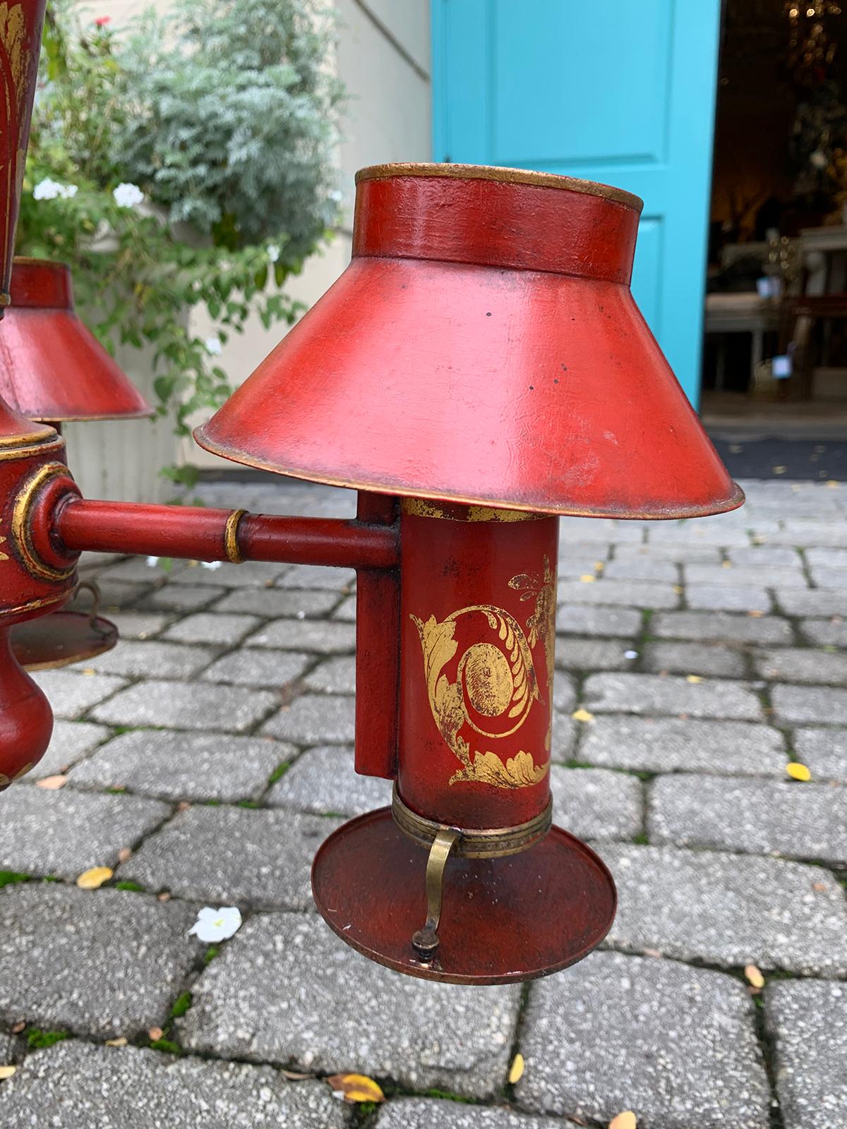 19th Century English Red Tole Gilt Three-Arm Chandelier with Tole Shades 3