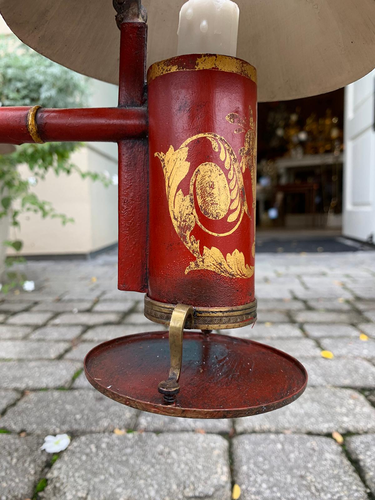 19th Century English Red Tole Gilt Three-Arm Chandelier with Tole Shades 5