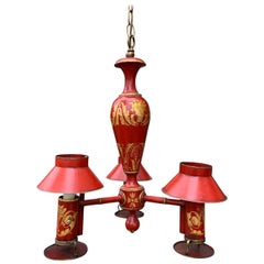 19th Century English Red Tole Gilt Three-Arm Chandelier with Tole Shades