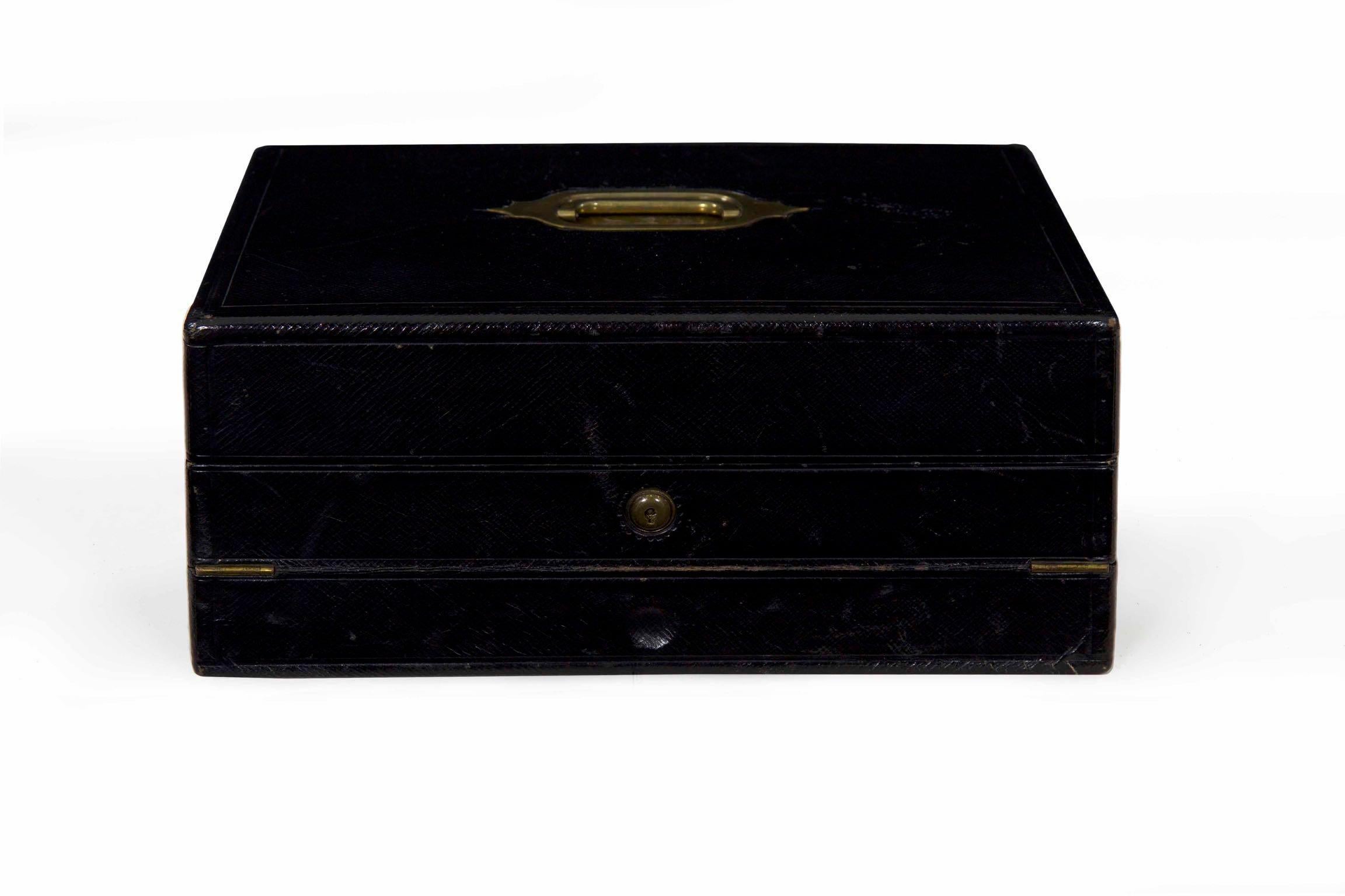 19th Century English Regency Antique Black Leather Writing Box with Bramah Lock 6