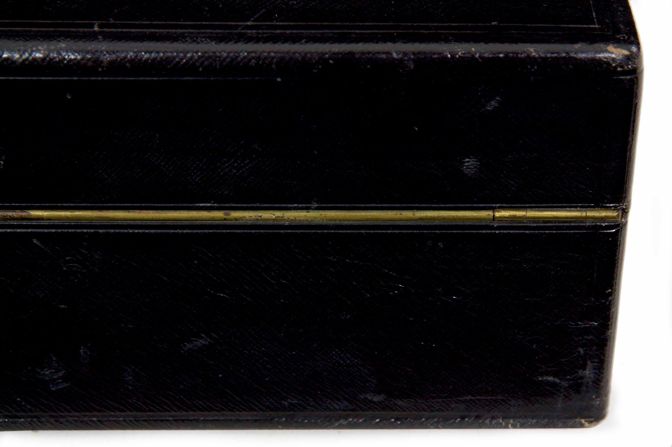 19th Century English Regency Antique Black Leather Writing Box with Bramah Lock 7