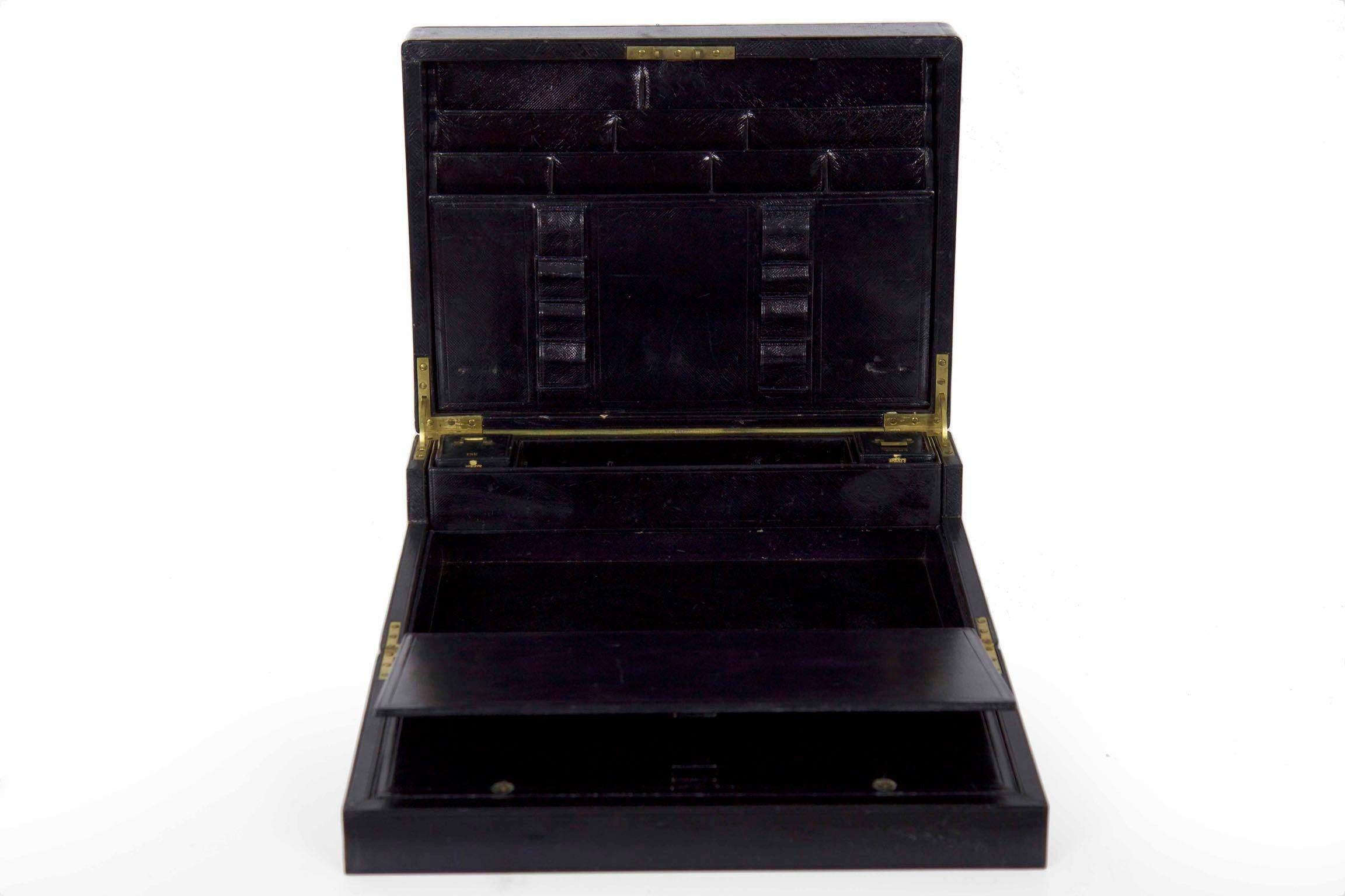 A VERY FINE LEATHER BOUND STATIONARY WRITING BOX
Lock inscribed Bramah, London, inkwell inscribed Berry’s Patent, plate inscribed MARC, March 25 1872
Item # 806PHI26

An unusually fine writing box from the third quarter of the 19th century, this