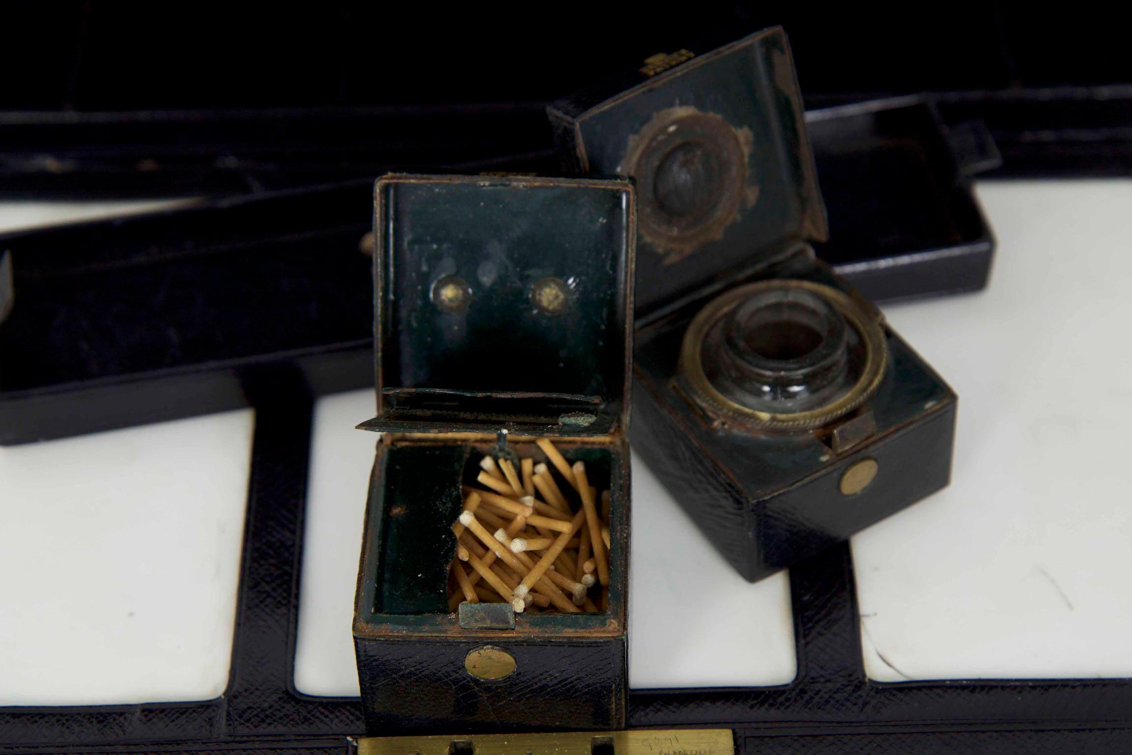 19th Century English Regency Antique Black Leather Writing Box with Bramah Lock 1