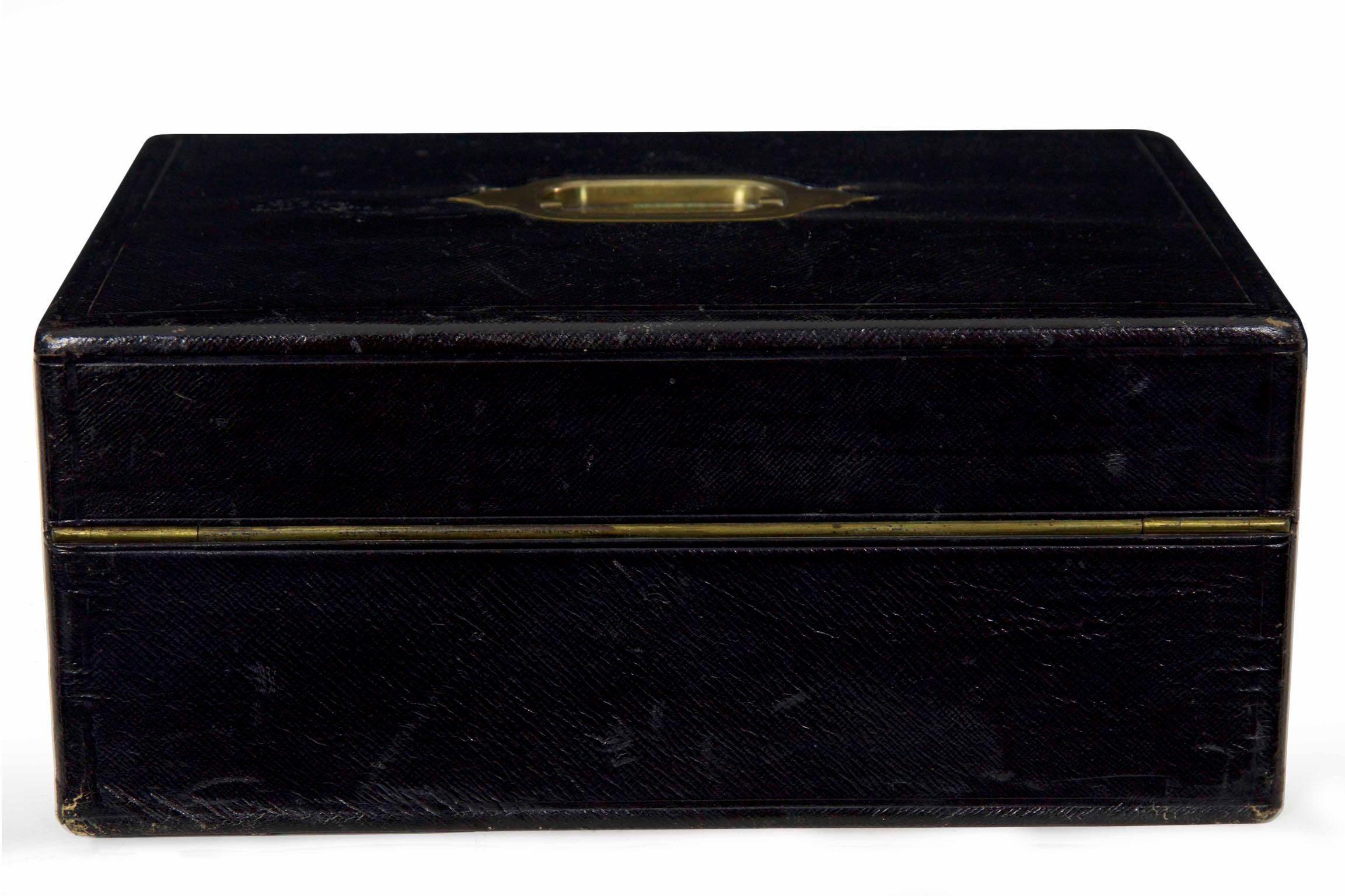 19th Century English Regency Antique Black Leather Writing Box with Bramah Lock 2