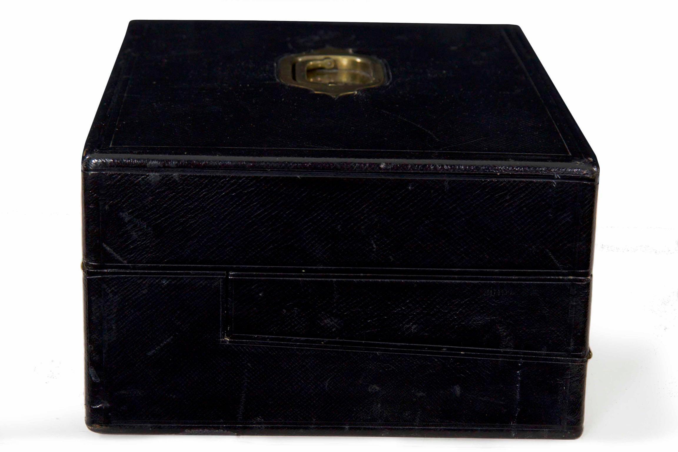 19th Century English Regency Antique Black Leather Writing Box with Bramah Lock 3