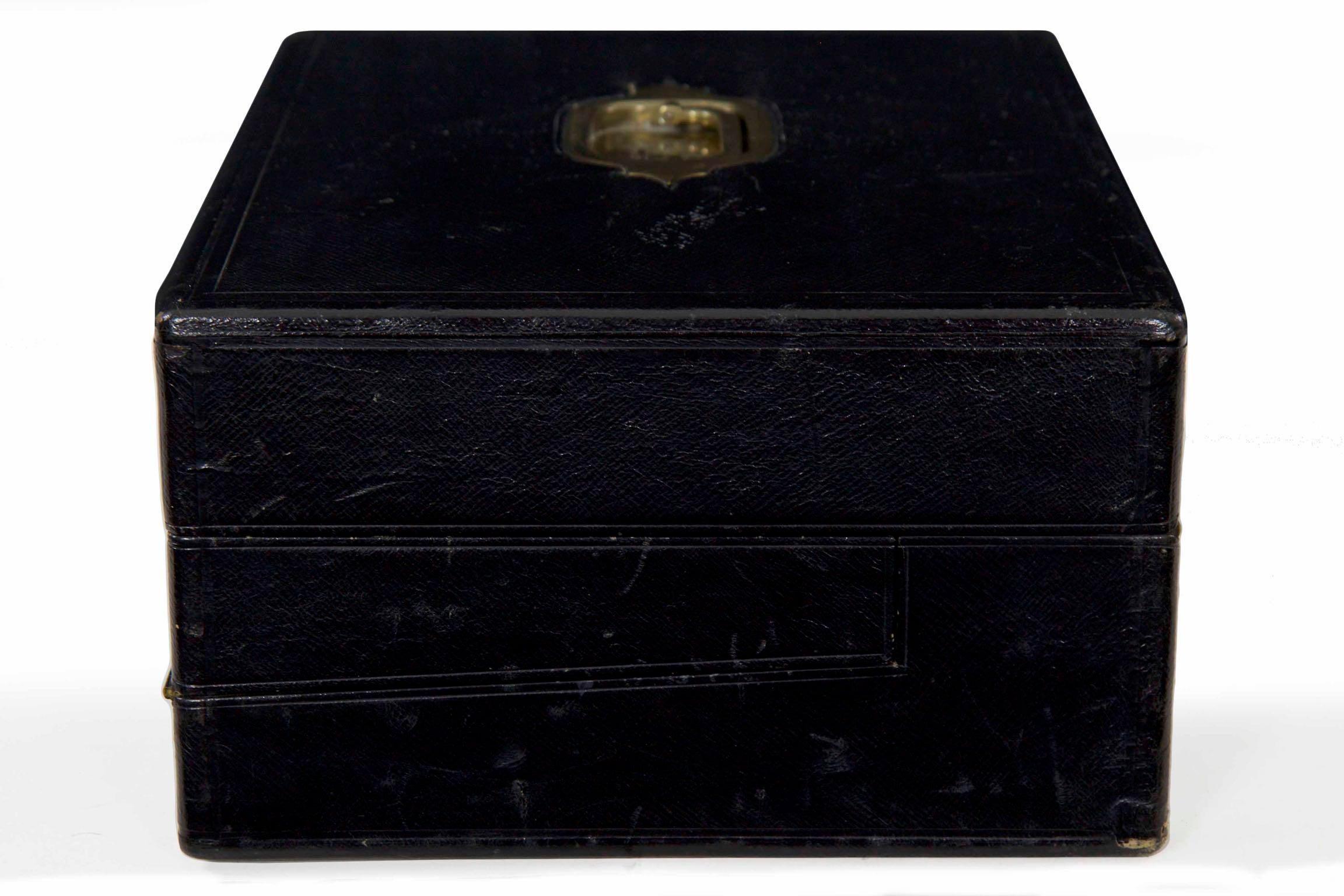 19th Century English Regency Antique Black Leather Writing Box with Bramah Lock 4