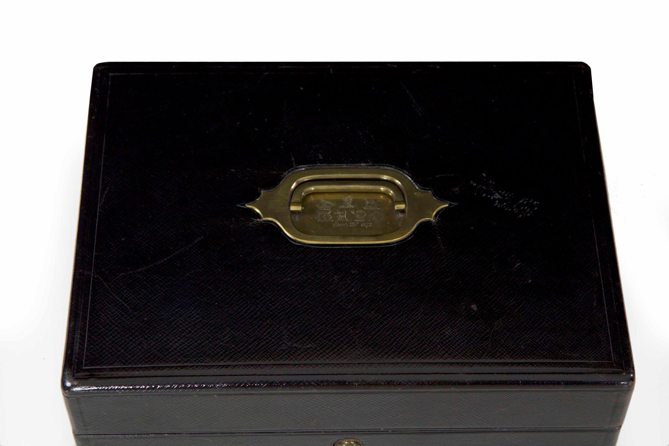 19th Century English Regency Antique Black Leather Writing Box with Bramah Lock 5