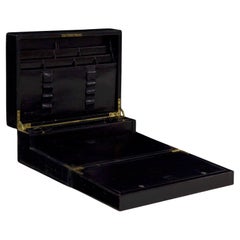 19th Century English Regency Antique Black Leather Writing Box with Bramah Lock