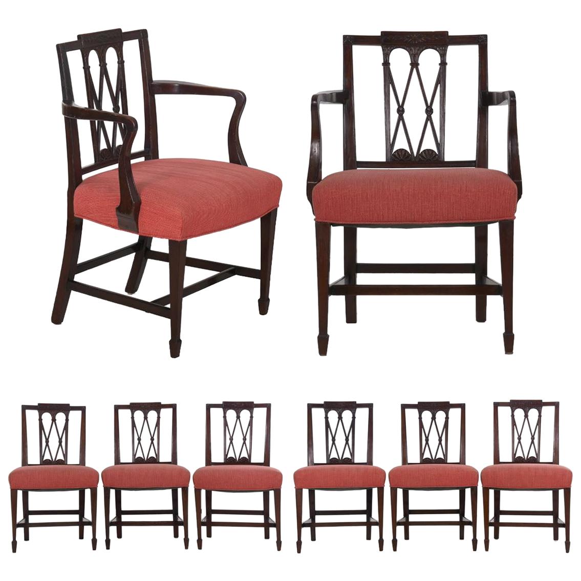19th Century English Regency Antique Carved Mahogany Dining Chairs, Set of 8