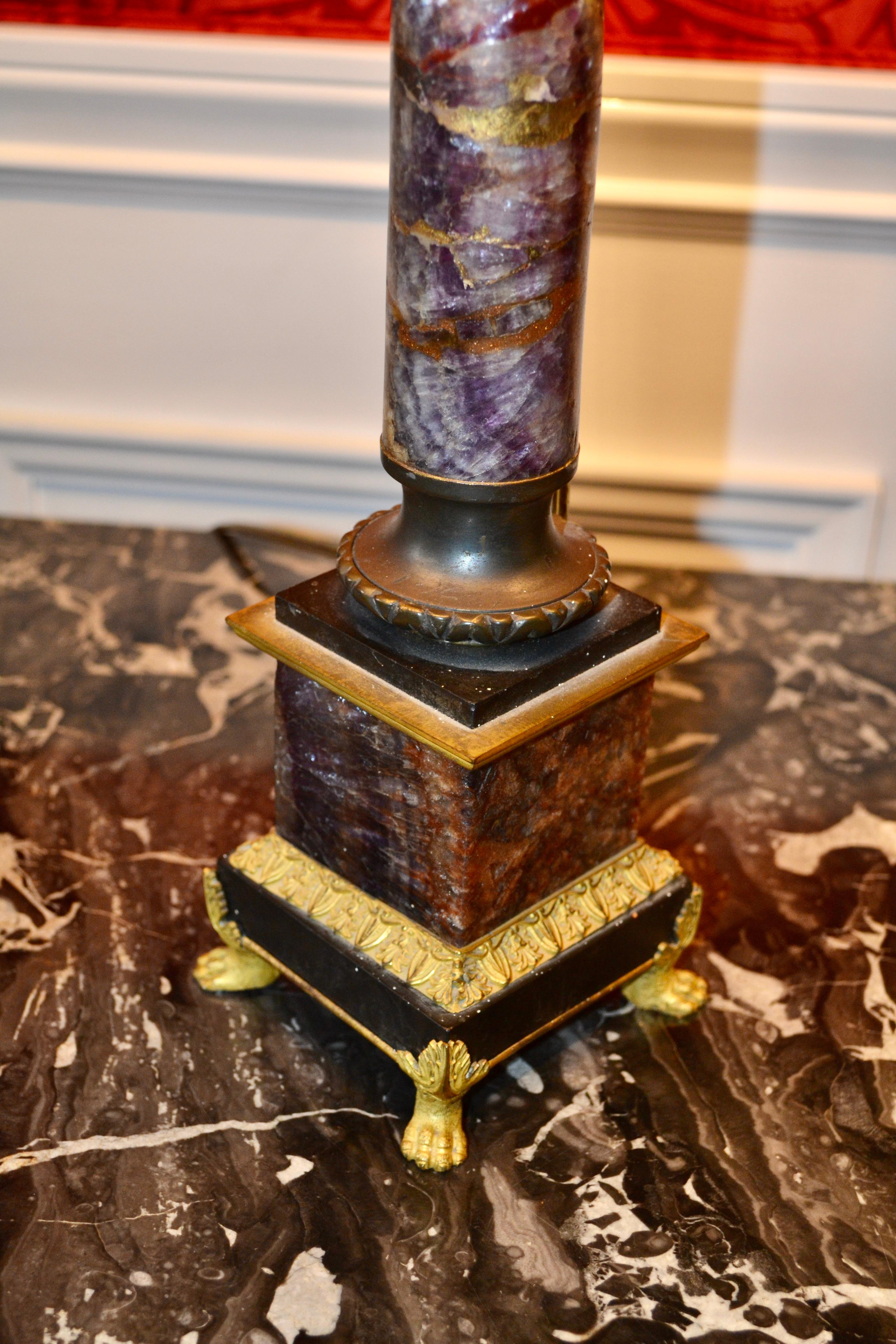 19th Century English Regency Blue John and Gilt Bronze Corinthian Column Lamp In Good Condition In Vancouver, British Columbia