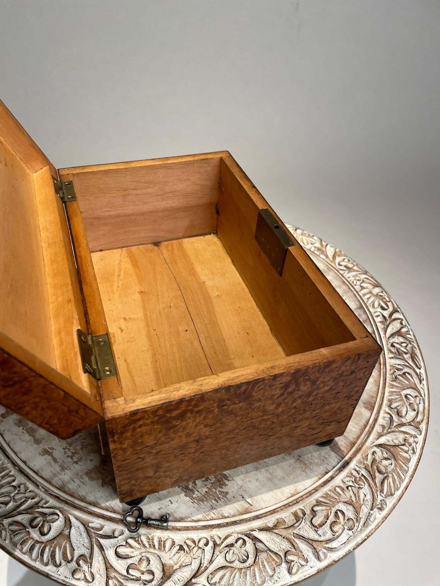 Englische Regency-Schachtel aus Wurzelholzfurnier des 19. Jahrhunderts mit ebonisierten Kugelfüßen  im Angebot 10