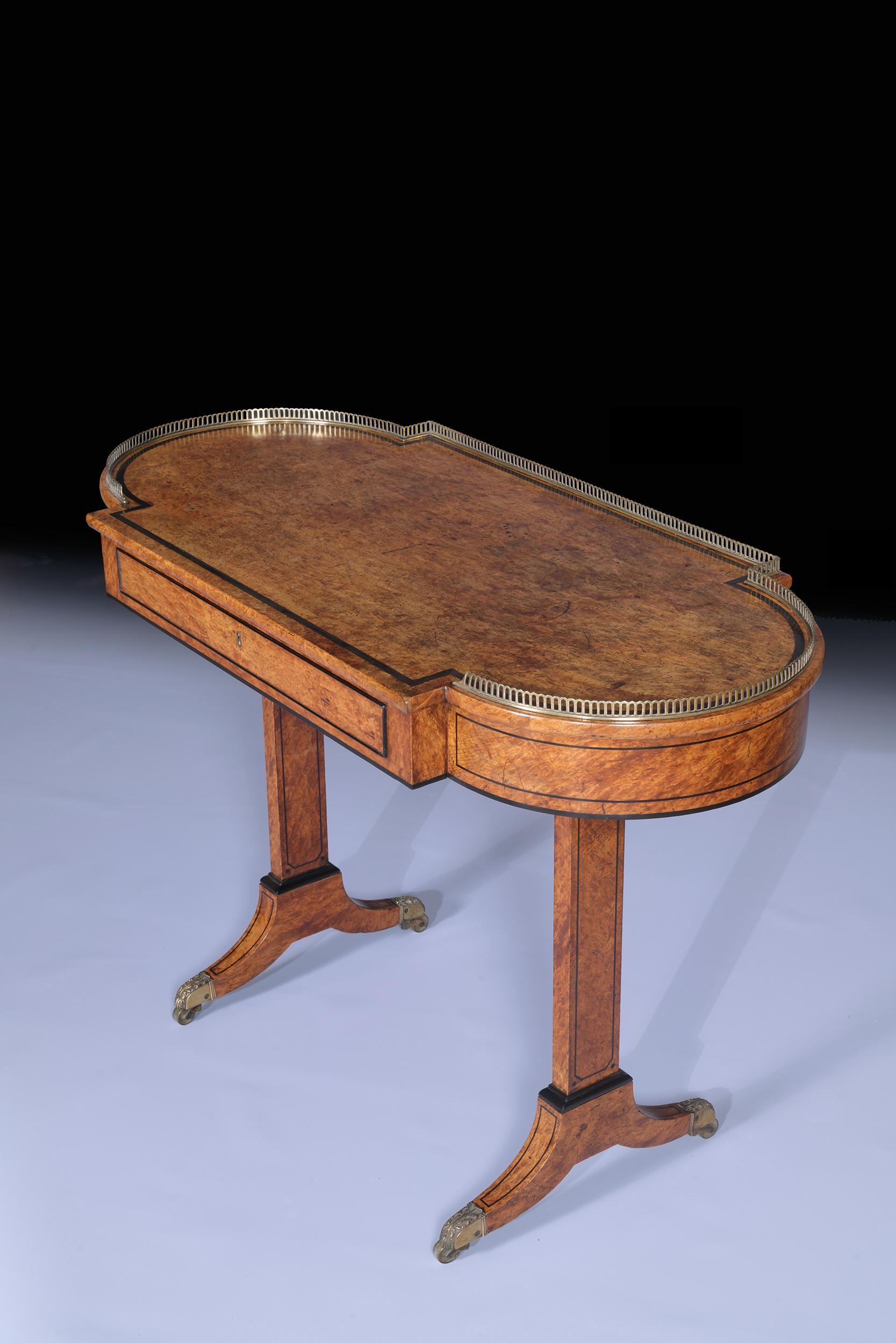 19th Century English Regency Burr Elm Ebony Strung Writing Library Table In Good Condition In Dublin, IE
