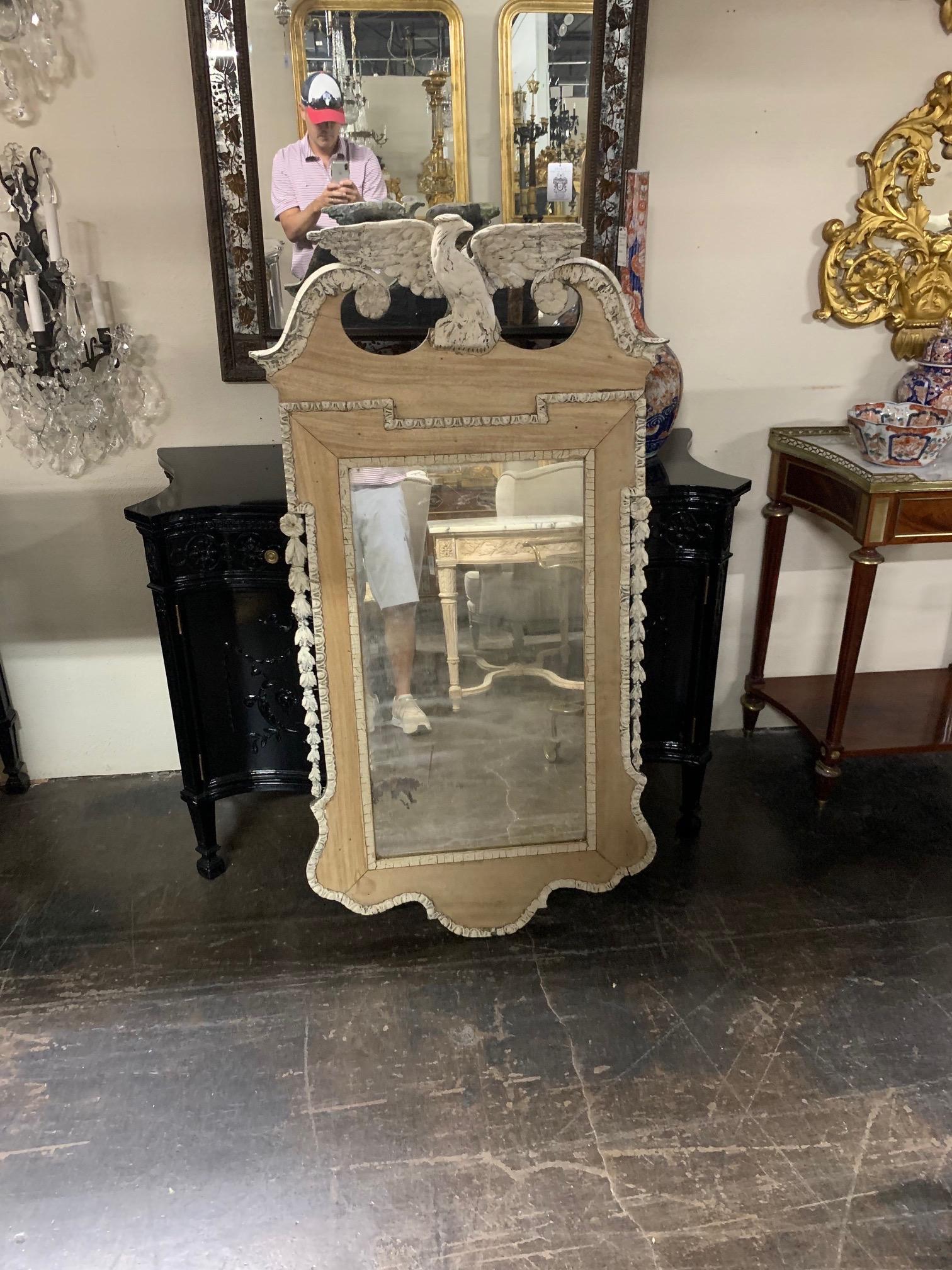 Interesting 19th century English Regency carved and bleached mahogany mirror. Very Fine intricate carving including a bird on top. Very special!