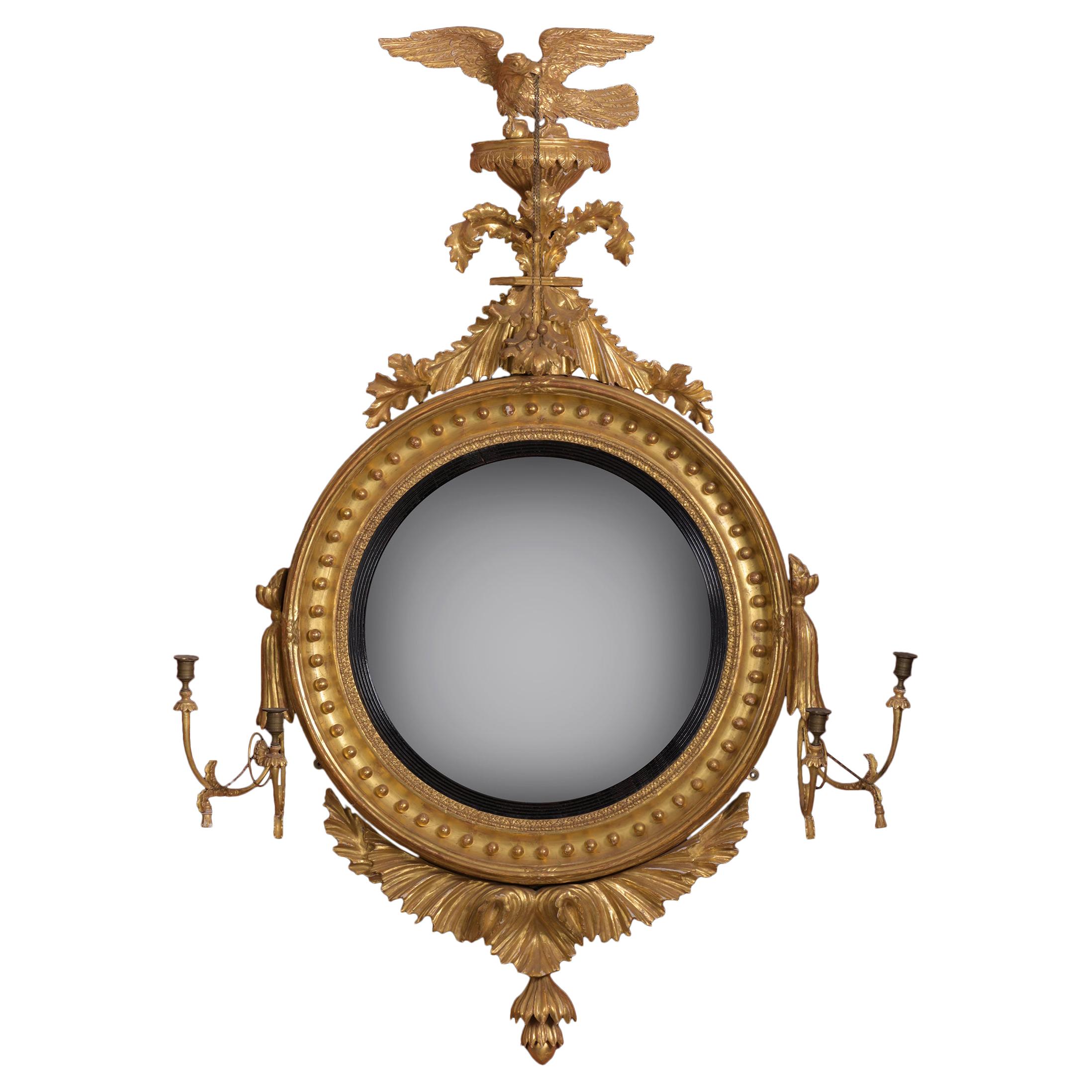 19th Century English Regency Carved Giltwood Convex Mirror For Sale