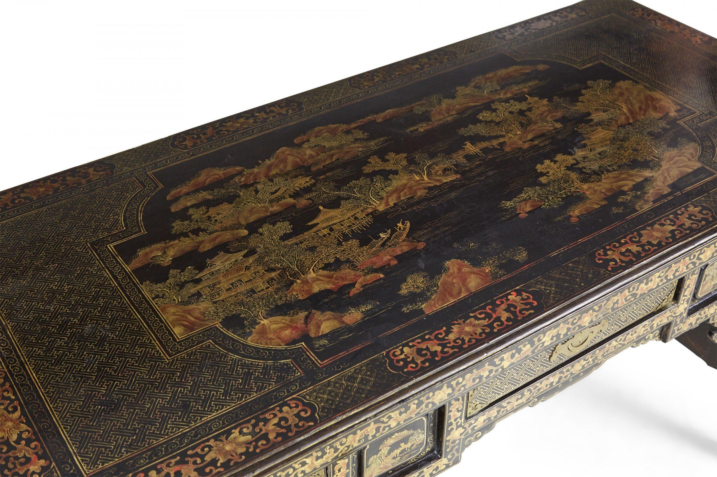 19th Century English Regency Chinese Export Gilt Black Lacquer Desk For Sale 10