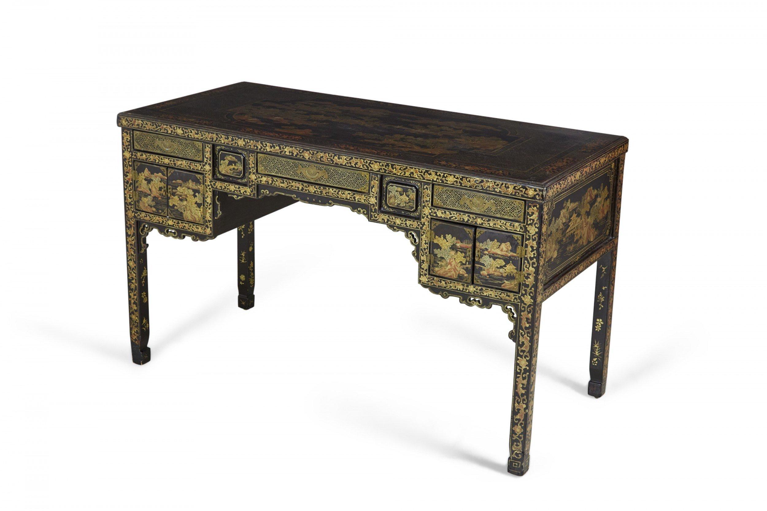 British 19th Century English Regency Chinese Export Gilt Black Lacquer Desk For Sale
